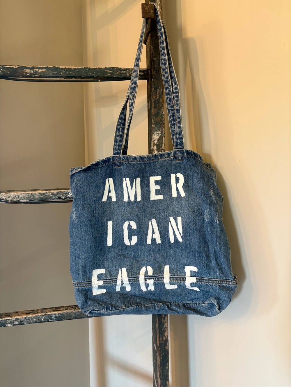 American Eagle Outfitters Denim Blue Tote with White Logo